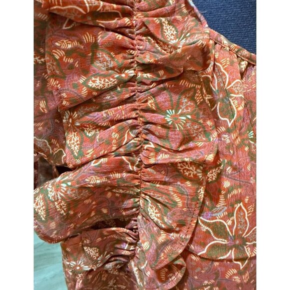 Aureum Women's Floral Ruffle Top Boho Style Size L 100% Rust/Orange - Picture 7 of 10